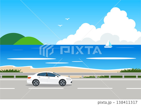 夏の海岸道路をドライブする白いセダンのベクターイラスト、海、山、入道雲、ヨット 夏の海岸道路をドライブする白いセダンのベクターイラスト、海、山、入道雲、ヨット 138411317