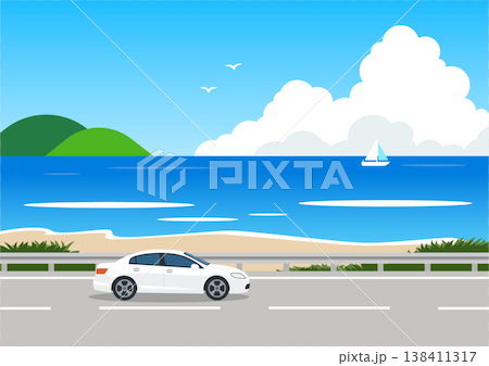 Vector illustration of a white sedan driving along a summer coastal road, with the sea, mountains, cumulonimbus clouds, and a yacht. 138411317