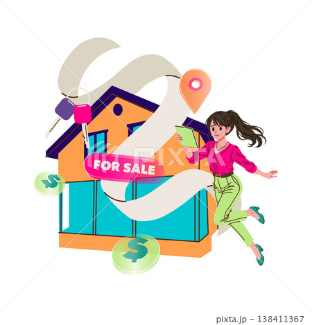 Vector illustration of a woman holding a tablet while interacting with a house labeled for sale, surrounded by keys and dollar symbols, highlighting modern real estate exploration. 138411367