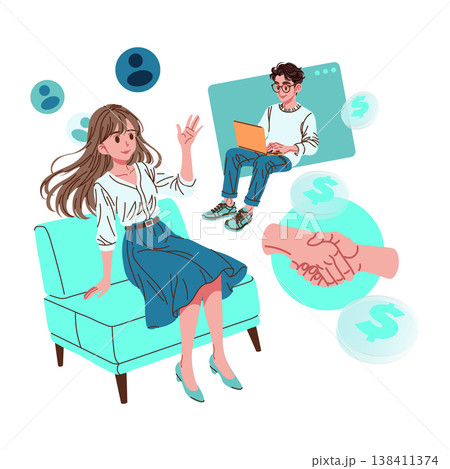 Vector illustration of a woman waving from a couch and a person working on a laptop. Symbols of virtual communication and financial connections emphasize online collaboration. 138411374