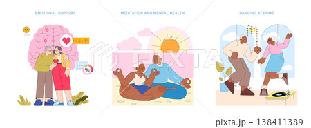 Vector illustration depicting emotional support, meditation for mental health, and dancing at home. Shows connection, relaxation, and joy. Ideal for wellness and lifestyle themes. Vector illustration depicting emotional support, meditation for mental health, and dancing at home. Shows connection, relaxation, and joy. Ideal for wellness and lifestyle themes. 138411389