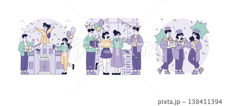 School vector illustration depicting a cheerful graduation celebration. The image shows students excitedly posing with diplomas and wearing caps, surrounded by confetti and balloons. School vector illustration depicting a cheerful graduation celebration. The image shows students excitedly posing with diplomas and wearing caps, surrounded by confetti and balloons. 138411394