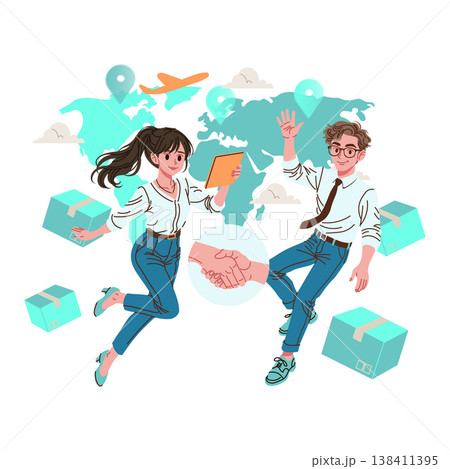 Vector illustration depicting a woman and a man energetically discussing logistics over a digital tablet, with global map and delivery boxes in the background, symbolizing international shipping. Vector illustration depicting a woman and a man energetically discussing logistics over a digital tablet, with global map and delivery boxes in the background, symbolizing international shipping. 138411395