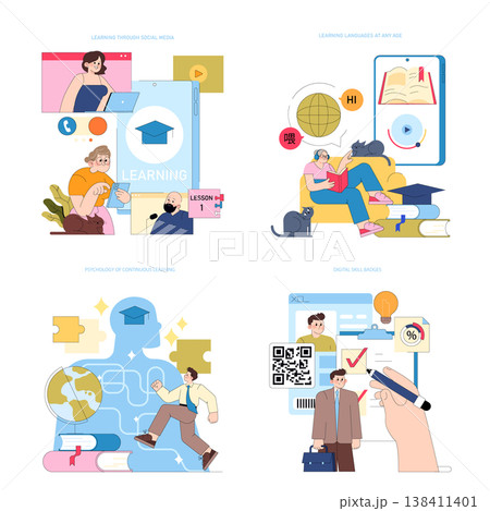 Set of four vector illustrations showcasing digital learning and language acquisition. Illustrations include social media education, language learning, continuous learning psychology, and digital 138411401