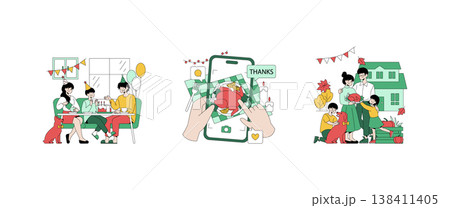 Vector illustration of a family enjoying a Thanksgiving dinner, capturing the joy of togetherness. Includes a phone capturing a turkey dinner and a cheerful family gathering outside their home. 138411405