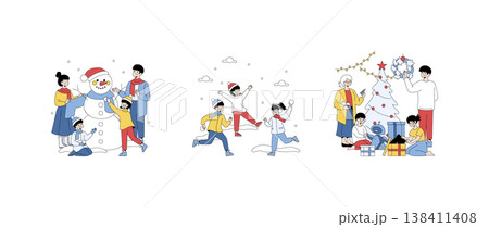 Vector illustration of joyful families enjoying winter activities and Christmas preparations. Families building a snowman, having a snowball fight, and decorating a Christmas tree. Vector illustration of joyful families enjoying winter activities and Christmas preparations. Families building a snowman, having a snowball fight, and decorating a Christmas tree. 138411408