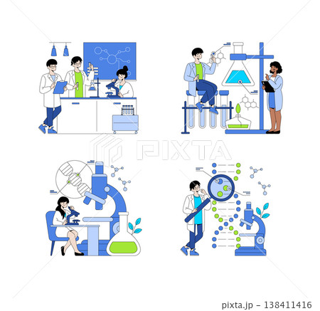 Scientists collaborate on experiments in a laboratory setting using microscopes and flasks. The vector illustration shows diverse professionals engaging in scientific research and analysis. 138411416