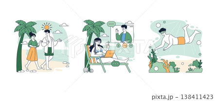 Three scenes depict beach activities. A couple walks along a sunny shore, a person works remotely with a laptop, and a swimmer explores underwater corals. Vibrant vector illustration enhances a beach Three scenes depict beach activities. A couple walks along a sunny shore, a person works remotely with a laptop, and a swimmer explores underwater corals. Vibrant vector illustration enhances a beach 138411423
