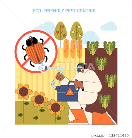 Vector illustration of eco-friendly pest control showing a person using a sprayer in a garden setting. The image depicts sustainable farming practices with an emphasis on environment-friendly pest Vector illustration of eco-friendly pest control showing a person using a sprayer in a garden setting. The image depicts sustainable farming practices with an emphasis on environment-friendly pest 138411430