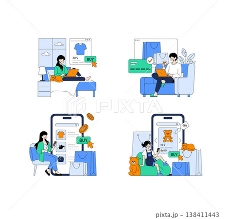 Vector illustration of people engaging in online shopping from various devices. They interact with laptops and smartphones, showcasing digital shopping experiences in different settings. Vector illustration of people engaging in online shopping from various devices. They interact with laptops and smartphones, showcasing digital shopping experiences in different settings. 138411443