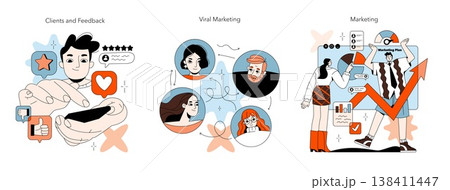Vector illustration showing customer feedback, viral marketing, and a detailed marketing plan. Features diverse faces representing clients and strategists in dynamic interaction. Vector illustration showing customer feedback, viral marketing, and a detailed marketing plan. Features diverse faces representing clients and strategists in dynamic interaction. 138411447