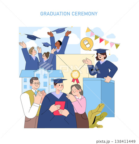 Vector illustration of a graduation ceremony featuring joyful graduates throwing caps, a speaker at a podium, and proud family members celebrating the achievement together. Vector illustration of a graduation ceremony featuring joyful graduates throwing caps, a speaker at a podium, and proud family members celebrating the achievement together. 138411449