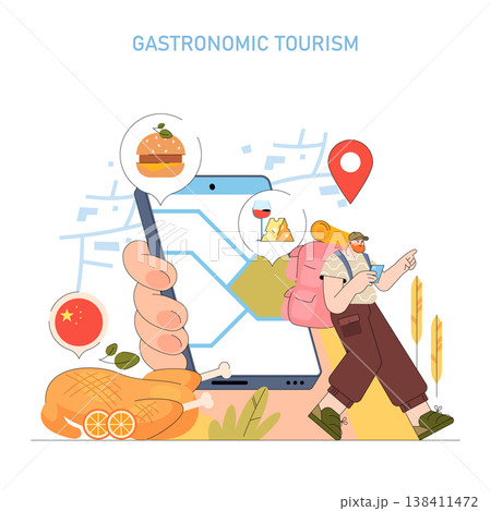 Vector illustration depicting a traveler using a smartphone map with food icons, representing gastronomic tourism. The traveler is engaged and excited about exploring culinary destinations. 138411472