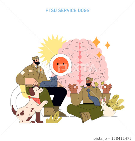 Vector illustration depicting veterans interacting with service animals like dogs, cats, and rabbits. The image highlights the therapeutic role of animals in supporting mental health. 138411473