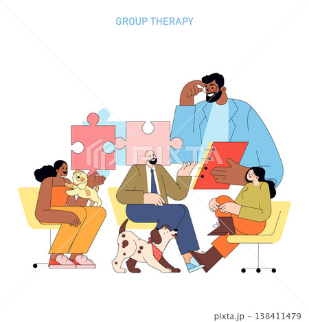 Vector illustration of a group therapy session featuring diverse individuals and a therapist with pets included for support. Participants appear engaged and relaxed in a collaborative setting. 138411479
