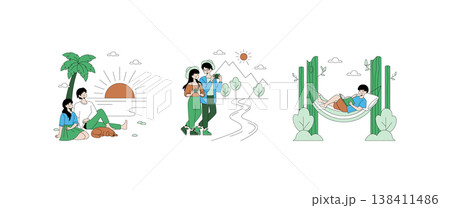 Vector illustration showing people enjoying nature. Scenes include relaxing on a beach, hiking with binoculars, and reading in a hammock. Emphasis on leisure and exploration. Vector illustration showing people enjoying nature. Scenes include relaxing on a beach, hiking with binoculars, and reading in a hammock. Emphasis on leisure and exploration. 138411486