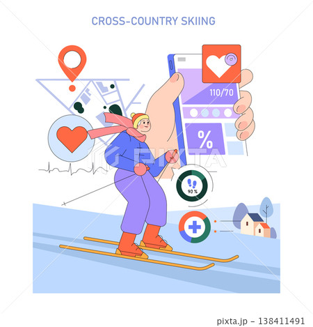 Vector illustration of a person skiing while using a health monitoring app. The image includes elements like a smartphone interface, heart rate, and location symbols for activity tracking. 138411491