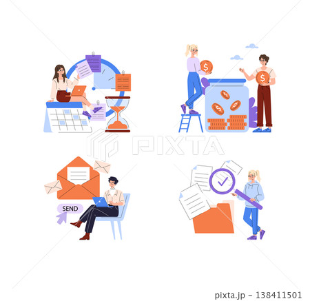 Business vector illustration showcasing four scenarios: time management with a calendar, saving money with a jar, sending emails with a laptop, and document organization with folders. 138411501