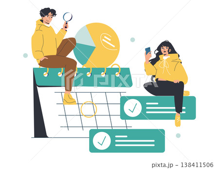 Vector illustration of two people collaborating on a calendar planning process. One person examines data with a magnifying glass, while the other checks information on a smartphone. 138411506