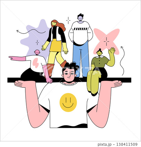 Vector illustration depicting a group of diverse cartoon characters positioned on a large platform held by a smiling individual. Features vibrant colors and dynamic poses. Vector illustration depicting a group of diverse cartoon characters positioned on a large platform held by a smiling individual. Features vibrant colors and dynamic poses. 138411509