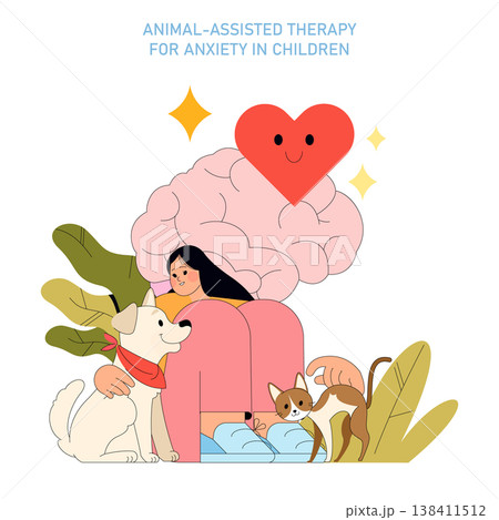 Vector illustration of animal-assisted therapy for children dealing with anxiety, featuring a child comforting with pets and a smiling heart representing emotional support and healing. 138411512