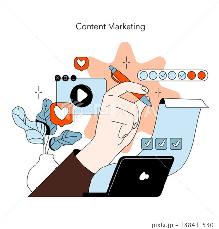 Vector illustration depicting a hand holding a pen, surrounded by content marketing elements such as social media icons, checklists, and a laptop, symbolizing content creation strategies. 138411530