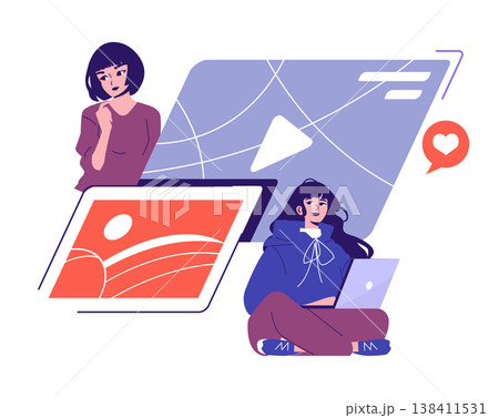 Vector illustration depicting two individuals engaging with digital media content. The scene includes elements like a tablet and a laptop, symbolizing connectivity and creativity. Vector illustration depicting two individuals engaging with digital media content. The scene includes elements like a tablet and a laptop, symbolizing connectivity and creativity. 138411531