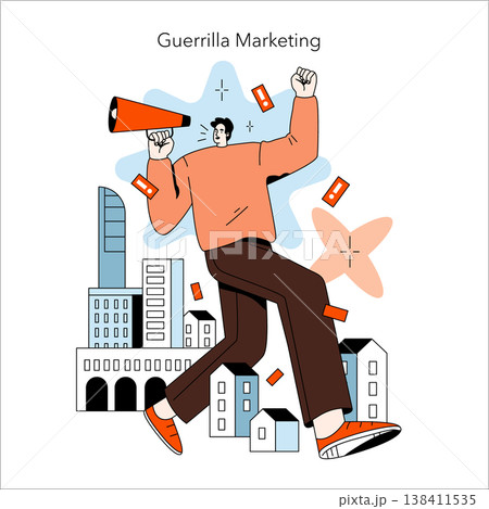 Vector illustration of a person enthusiastically using a megaphone for guerrilla marketing in a cityscape. Dynamic pose signifies excitement and engagement in promotional activities. 138411535