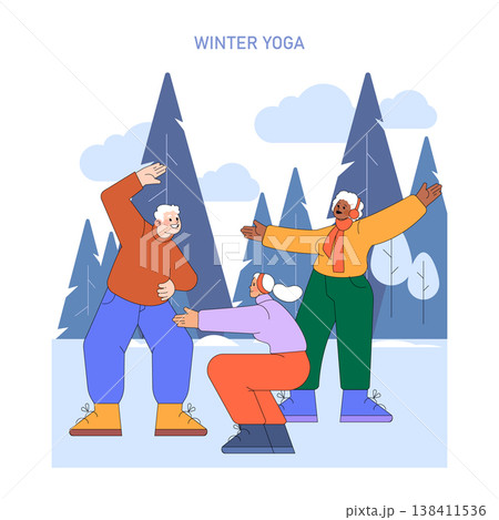 Vector illustration of three people enjoying a winter yoga session outdoors. They are dressed warmly while performing yoga poses in a snowy forest setting, expressing joy and relaxation. Vector illustration of three people enjoying a winter yoga session outdoors. They are dressed warmly while performing yoga poses in a snowy forest setting, expressing joy and relaxation. 138411536