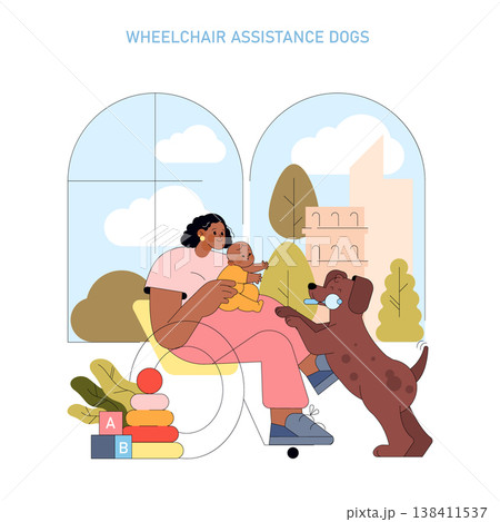Vector illustration of a person in a wheelchair holding a baby, with an assistance dog offering a pacifier. This image highlights themes of family, support, and inclusivity. Vector illustration of a person in a wheelchair holding a baby, with an assistance dog offering a pacifier. This image highlights themes of family, support, and inclusivity. 138411537