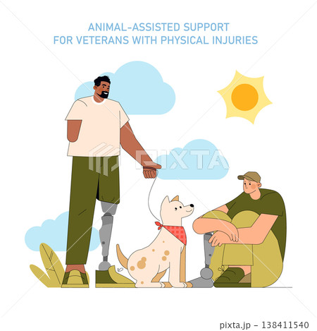 Veterans with prosthetic limbs interacting with a support dog, symbolizing animal-assisted support for emotional and physical healing. Sunny outdoor setting in vector illustration. Veterans with prosthetic limbs interacting with a support dog, symbolizing animal-assisted support for emotional and physical healing. Sunny outdoor setting in vector illustration. 138411540