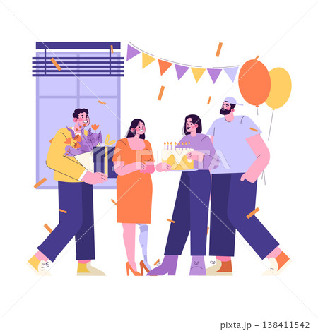 Friends gathered to celebrate a birthday with gifts and a cake. A cheerful scene with balloons and decorations, showcasing diverse characters enjoying the moment together. Vector illustration. 138411542