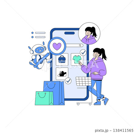 Vector illustration showing a person using a robot assistant for online shopping on a smartphone. The scene features a shopping app interface, bags, and an enthusiastic shopper. 138411565