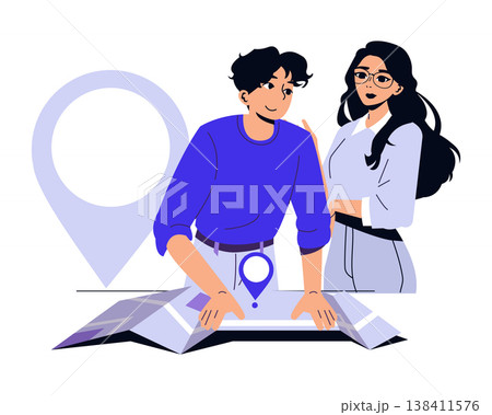 Cartoon vector illustration of two people interacting with a map, pointing and discussing directions. The image represents teamwork and exploration, set against a minimal background. 138411576