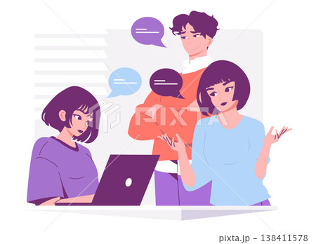 Animated illustration of three individuals engaging in a discussion around a laptop. Speech bubbles depict their dialogue, capturing teamwork and collaboration dynamics in a digital setting. 138411578