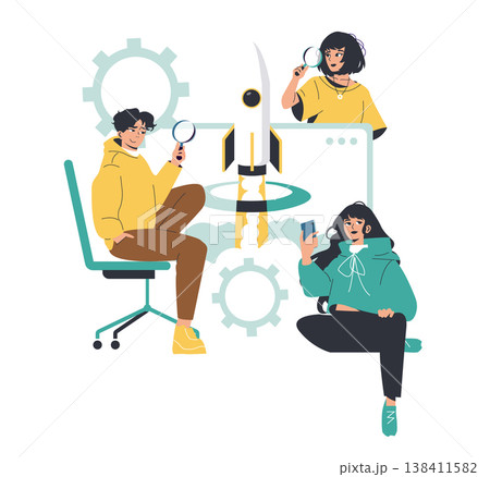 Vector illustration depicting a team collaborating on a rocket launch concept. Three individuals observe a digital rocket model with focus and curiosity, symbolizing innovation and teamwork. Vector illustration depicting a team collaborating on a rocket launch concept. Three individuals observe a digital rocket model with focus and curiosity, symbolizing innovation and teamwork. 138411582