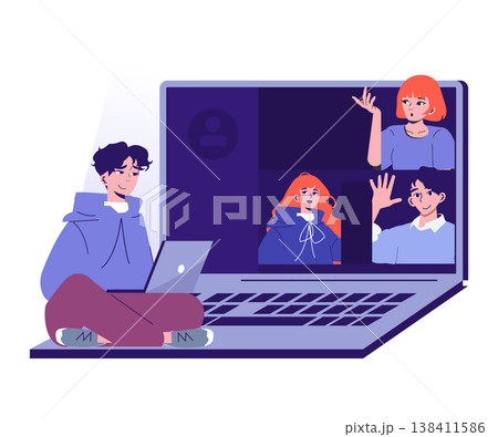 Vector illustration of an online meeting with a person engaging via laptop and three others on screen. They are actively communicating, displaying interest in the conversation. Vector illustration of an online meeting with a person engaging via laptop and three others on screen. They are actively communicating, displaying interest in the conversation. 138411586