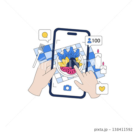 Hands take a photo of a colorful fruit plate with a smartphone. Social media icons indicate likes and comments. This vector illustration highlights digital interaction with food. 138411592