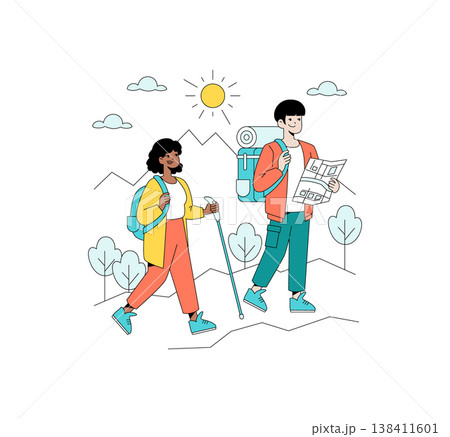 Vector illustration of two people hiking in a scenic mountain landscape. One is reading a map while the other uses a walking stick. Both wear casual outdoor attire, enjoying the sunny day. 138411601