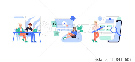 Vector illustration showing people learning online and collaborating. Individuals using digital tools, laptops, and discussing in a modern educational environment, emphasizing teamwork and technology. Vector illustration showing people learning online and collaborating. Individuals using digital tools, laptops, and discussing in a modern educational environment, emphasizing teamwork and technology. 138411603