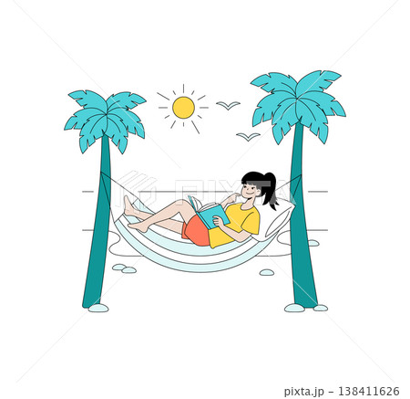 Vector illustration of a woman relaxing on a hammock between palm trees, reading a book under the sun. The scene captures leisure, tranquility, and the joy of reading outdoors. Vector illustration of a woman relaxing on a hammock between palm trees, reading a book under the sun. The scene captures leisure, tranquility, and the joy of reading outdoors. 138411626