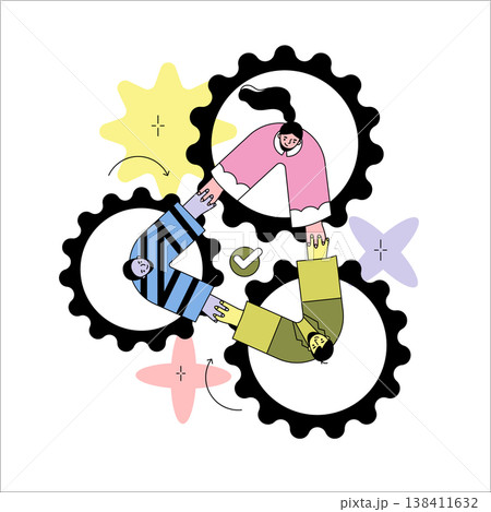 Vector illustration showing collaboration with three people connected by gears, symbolizing teamwork and harmony. Bright colors and playful design enhance the sense of unity and cooperation. Vector illustration showing collaboration with three people connected by gears, symbolizing teamwork and harmony. Bright colors and playful design enhance the sense of unity and cooperation. 138411632