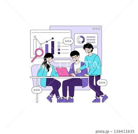 Vector illustration of three people gathered around a laptop discussing data and charts. The illustration showcases teamwork and analysis with graphical elements and digital collaboration. 138411635