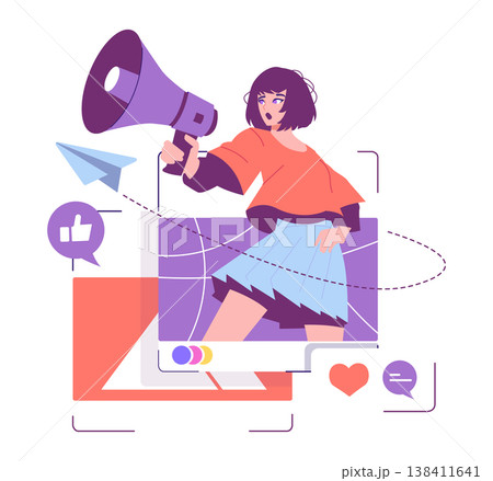Dynamic vector illustration of a woman using a megaphone with social media icons like likes and messages. The image emphasizes communication and digital interaction. Dynamic vector illustration of a woman using a megaphone with social media icons like likes and messages. The image emphasizes communication and digital interaction. 138411641