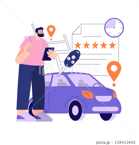 Vector illustration of a man interacting with a smartphone to rent a car. Symbols of location, time, and a car key emphasize the digital and convenient nature of car rentals. Vector illustration of a man interacting with a smartphone to rent a car. Symbols of location, time, and a car key emphasize the digital and convenient nature of car rentals. 138411642