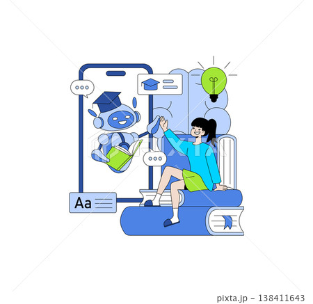 Vector illustration of a smiling student high-fiving an AI tutor on a mobile screen. The scene represents interactive online learning and technology. Books and lightbulbs complement the educational 138411643