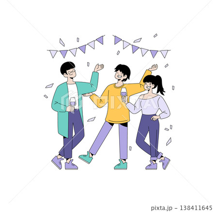 People enjoying a joyful celebration with drinks in hand. They are gathered together, smiling and expressing happiness at a party. Confetti and bunting add to the festive mood. Vector illustration 138411645