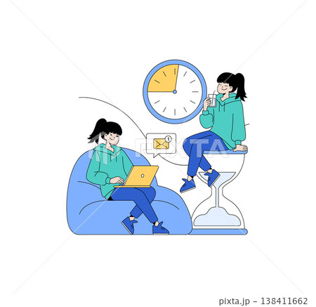 Vector illustration of two individuals engaging in remote work. One person works on a laptop while another sips a drink. Office equipment, a clock, and notifications symbolize a modern digital Vector illustration of two individuals engaging in remote work. One person works on a laptop while another sips a drink. Office equipment, a clock, and notifications symbolize a modern digital 138411662