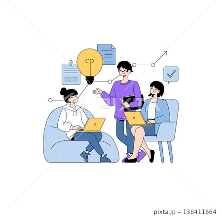 Vector illustration of three people engaged in a collaborative meeting. Two sitting with laptops, one standing with a tablet, discussing ideas with a light bulb icon symbolizing creativity. Vector illustration of three people engaged in a collaborative meeting. Two sitting with laptops, one standing with a tablet, discussing ideas with a light bulb icon symbolizing creativity. 138411664
