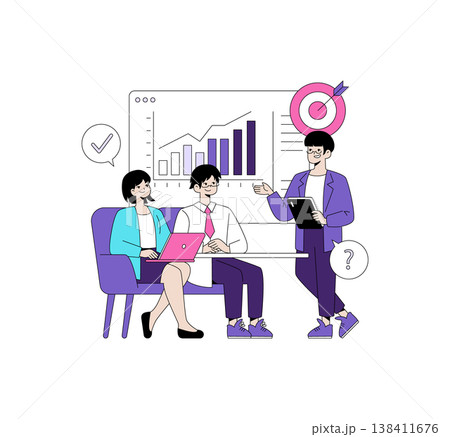 Business meeting vector illustration with three people reviewing growth charts on a presentation board. The team discusses company progress while displaying collaborative teamwork. 138411676